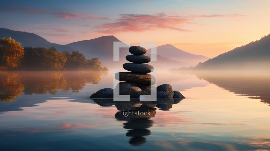 Ultra-realistic image showcasing a pyramid of stones nestled against a backdrop of serene water, majestic mountains, and nature's beauty. Incorporate elements of mindfulness, yoga, meditation, healthy eating, and self-care amidst the tranquil scenery Generative AI