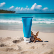 Blue plastic Sunscreen lotion tube on sandy beach. 