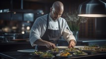 Generative AI Chef plating food with precision, attention to detail, culinary expertise showcased in a restaurant environment