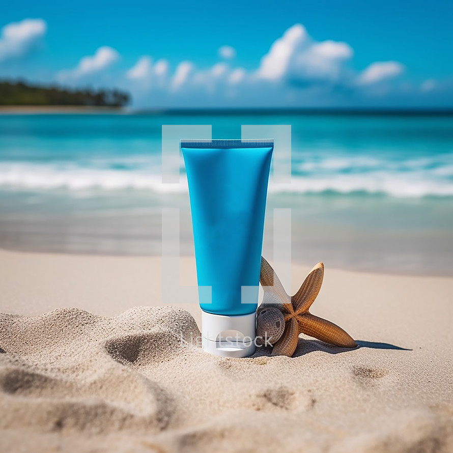 Blue plastic Sunscreen lotion tube on sandy beach. 