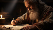 Biblical Illustration - An older man perhaps a scribe or prophet writes while in a cave - Generative AI Illustrations, John the apostle - revelation