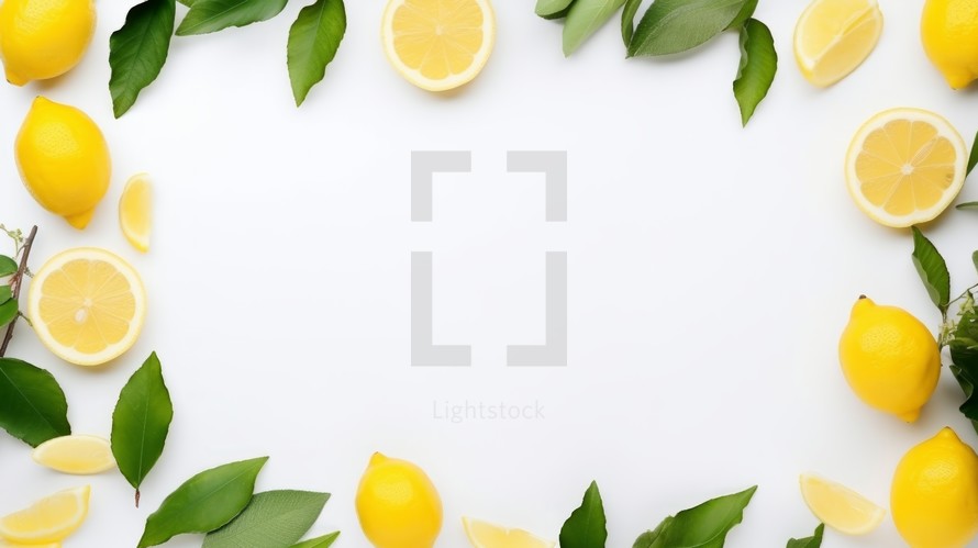 lemons on a white background on the left side of the frame empty white background photorealistic Generative AI
