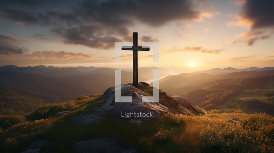 Cross on a mountain top at sunset