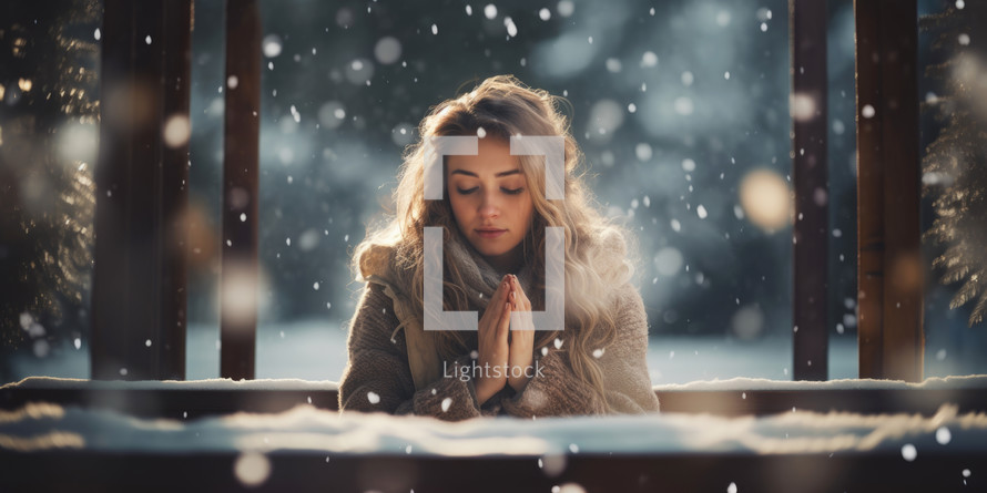 A woman praying outside in a gazebo during a winter snow.