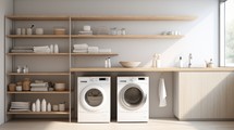 A minimalist laundry room design with a stackable washer and dryer, minimalist shelving, and neutral tones for a clean look Generative AI