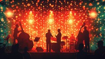 Vintage jazz club event background, retro decor, stage with musicians, and a jazzy atmosphere, suitable for music or performance streams, Generative AI
