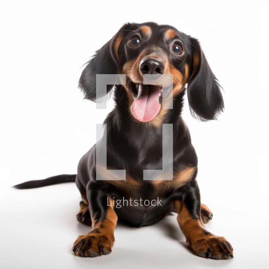 Energetic Dachshund sitting on a white background, playful stance, happy expression Generative AI