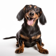Energetic Dachshund sitting on a white background, playful stance, happy expression Generative AI