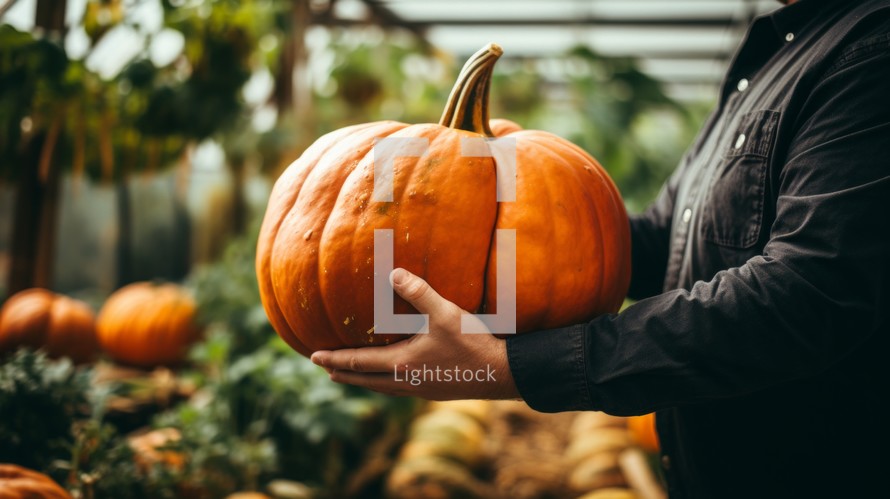 close-up of male hands holding a large pumpkin, harvesting in a greenhouse Generative AI