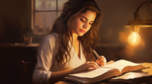 Pretty young woman reading bible book
