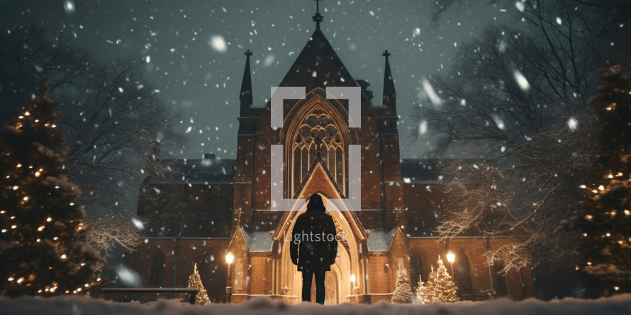 A man standing in front of a church in the snow at Christmas.