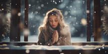 A woman praying outside in a gazebo during a winter snow.