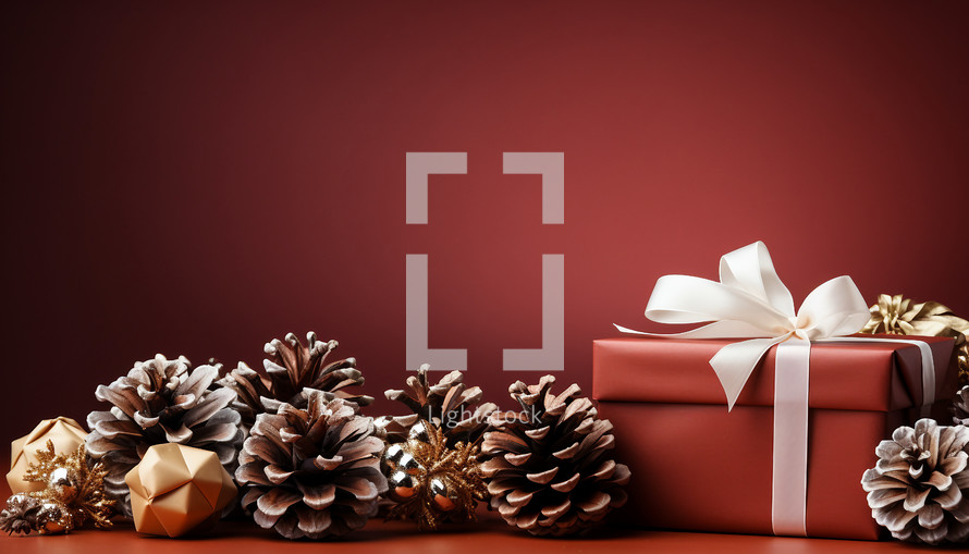 Christmas Pine Cones and red box background 