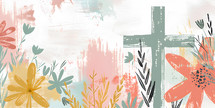 Easter Spring Graphic with pastel colours and a cross with flowers, on a white background