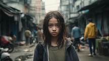 Cute asian poor little girl standing alone
