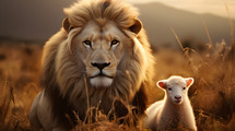 A lion and a lamb in sitting in a field looking forward