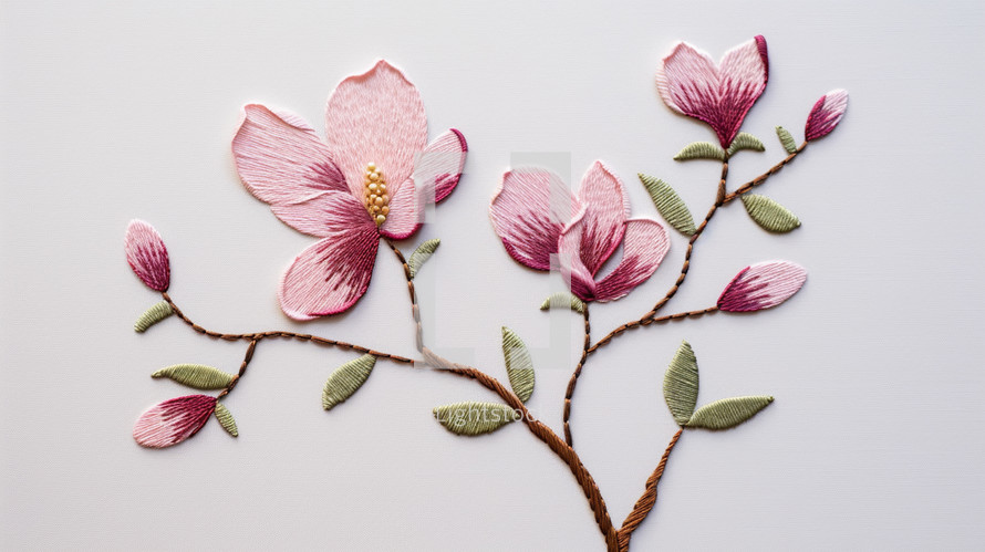 Embroidery of flowers blooming on a branch of a tree