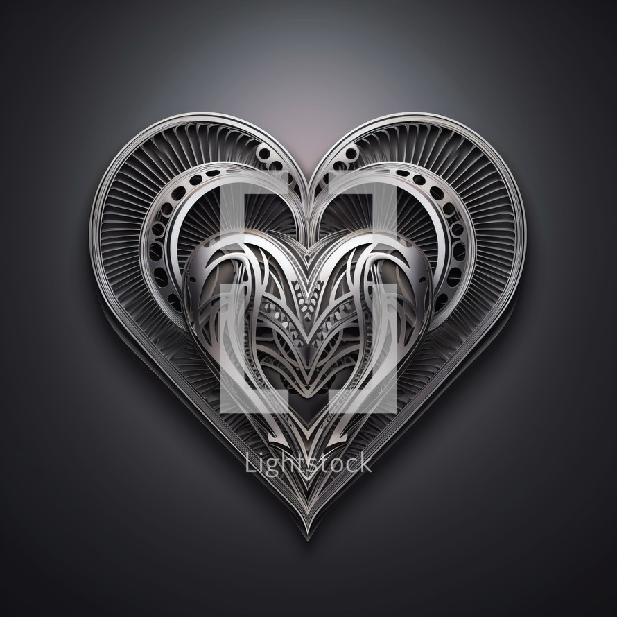 Silver heart emblem crest with industrial and deco steampunk style.