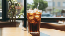 Iced coffee in a sunny coffee shop