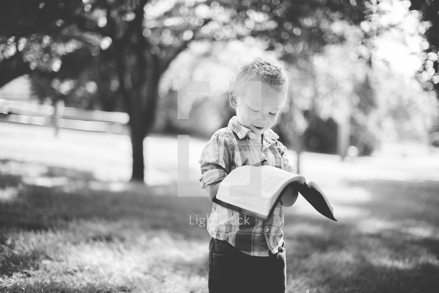 a boy standing outdoors reading a Bible