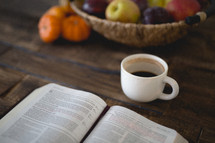 pumpkins, coffee mug, mug, basket, plums, apples, pages, Bible, open Bible