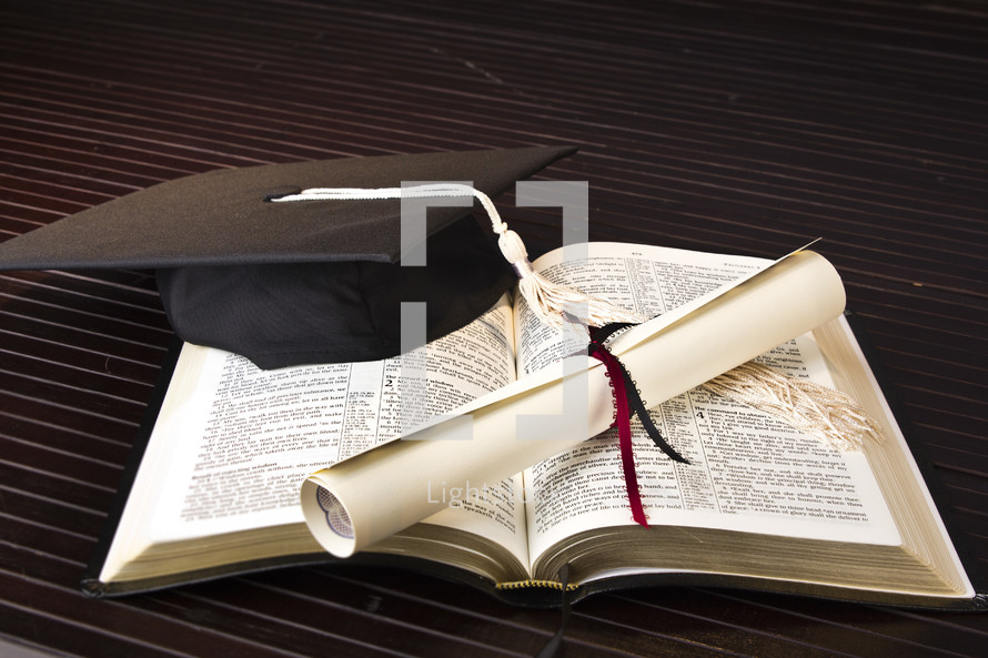 graduation, diploma, Bible, pages, cap, tassel
