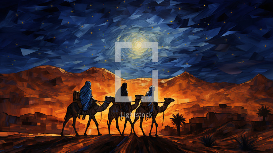 Abstract illustration of three wisemen journey to Bethlehem.