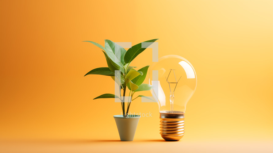 Green plant growing in a pot beside a light bulb on an orange background.