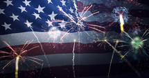 American flag waving with fireworks celebrating 4th of July. Independence, Memorial, Celebration, Fireworks concept
