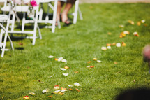 rose petals on the grass aisle of an outdoor wedding
