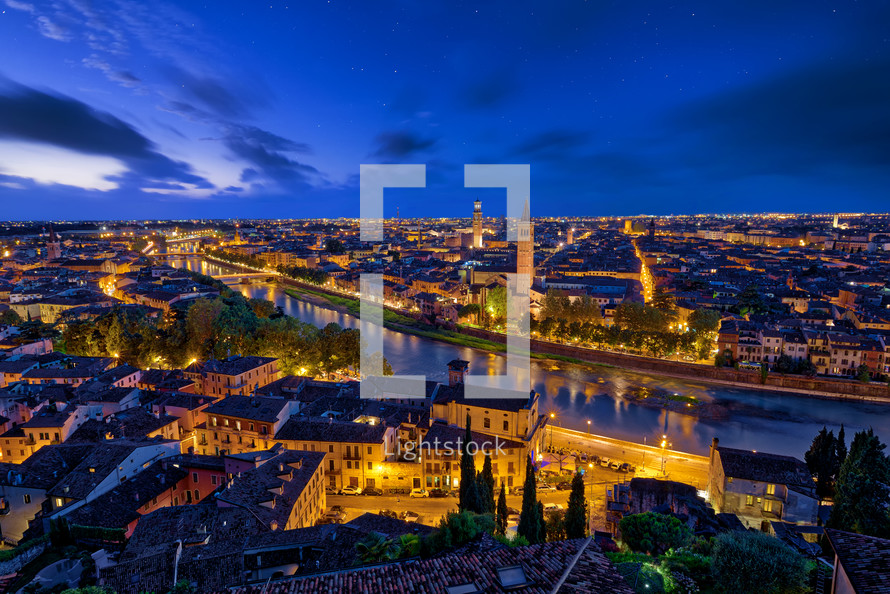 Panoramic aerial view of Verona, Italy at blue hour, after summer sunset
