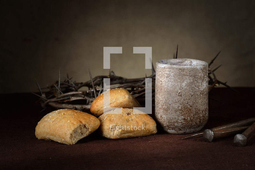 bread, communion, cup, three nails, crown of thorns, Good Friday, Last Supper 