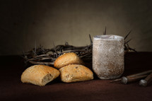 bread, communion, cup, three nails, crown of thorns, Good Friday, Last Supper 