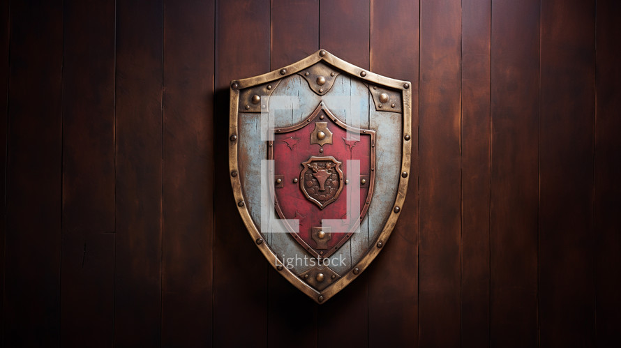 Red and white shield hanging on a wood wall. 