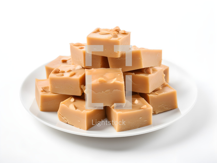 Plate Filled with Smooth Peanut Butter Fudge Isolated on a White Background