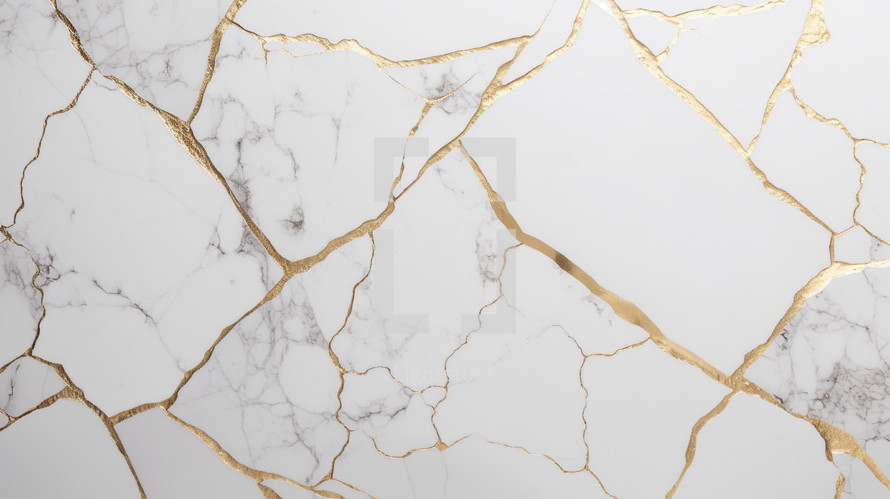 Kintsugi style background with white marble and gold inlay. 