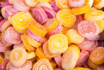 Close up Delicious Spiral Gelatin Sweets. Top view
