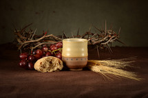 grapes, communion, bread, chalice, wine, crown of thorns, wheat grains