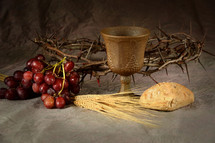 grapes, communion, bread, chalice, wine, crown of thorns, wheat grains