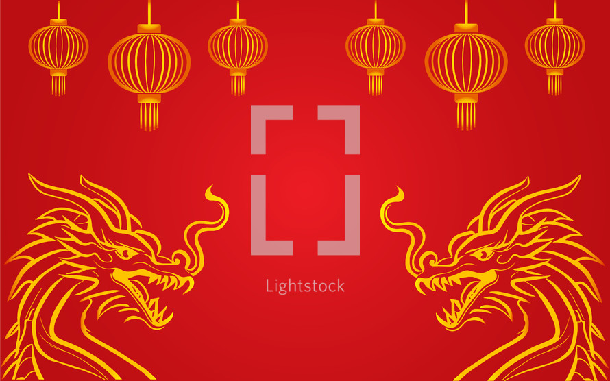 Chinese lanterns and dragons on red background 