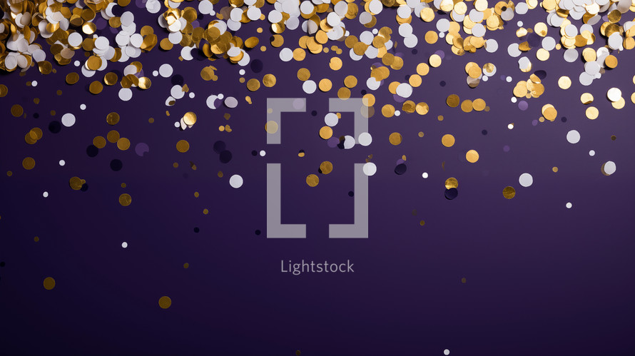Purple New Year's background with silver and gold confetti.