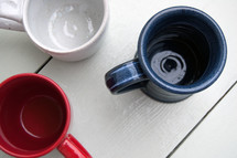 red, white, blue, coffee mugs 