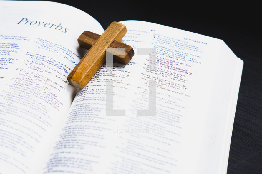small wooden cross on the pages of a Bible 