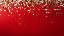 Red New Year's background with silver and gold confetti.