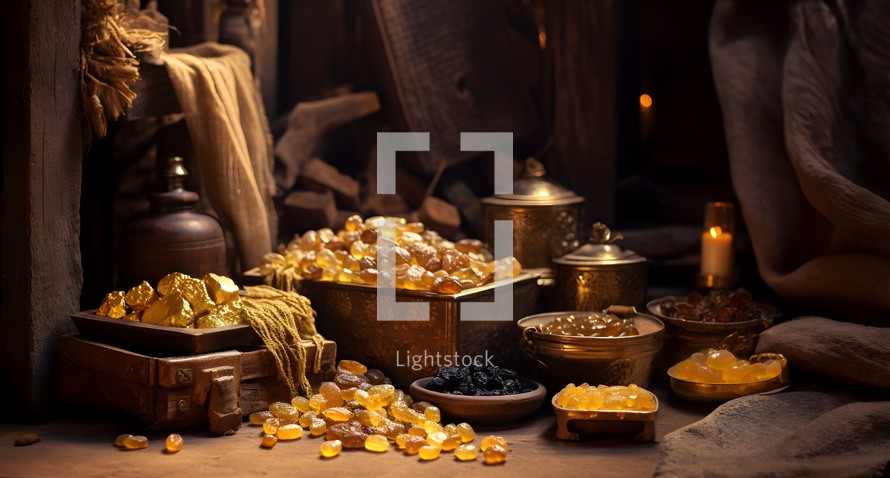 AI Image of The Gifts of Gold, Frankiincense and Myrrh that the Wisemen Brought to Jesus 