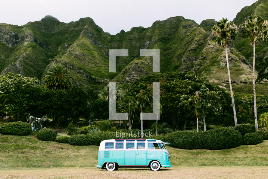 a Volkswagen van parked in front of green cliffs and palm trees 