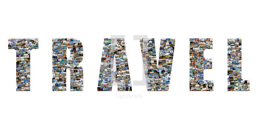 Travel text collage of famous places and buildings