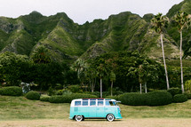 a Volkswagen van parked in front of green cliffs and palm trees 
