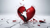 Broken red heart with shattered pieces on white. 