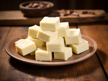 A Plate of White CHocolate Fudge on a Wooden Table